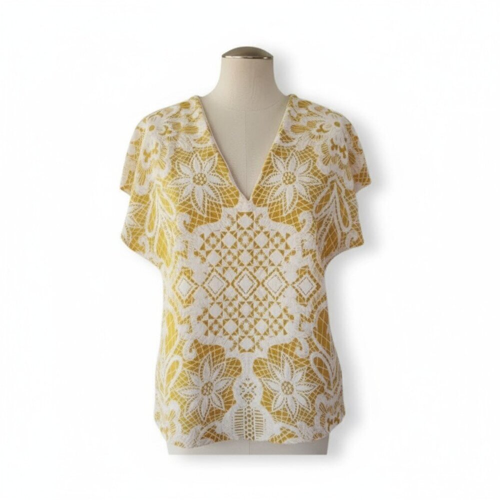 Zara White and Mustard Yellow Floral Lace-Pattern V-Neck Blouse